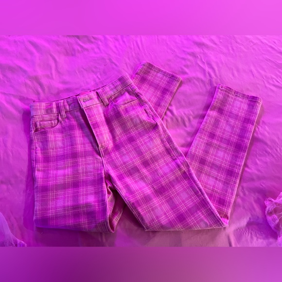 Sugar Thrillz Pants - Sugar Thrillz Pink Plaid Skinny Pants